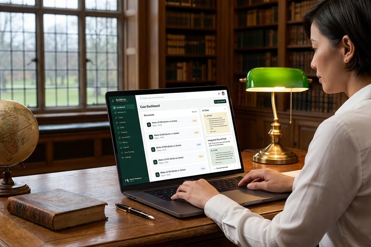 Una abogada trabaja en un escritorio de una biblioteca jurídica con paneles de madera, con el panel de asuntos de Archivar abierto en su laptop bajo una lámpara de banquero verde.