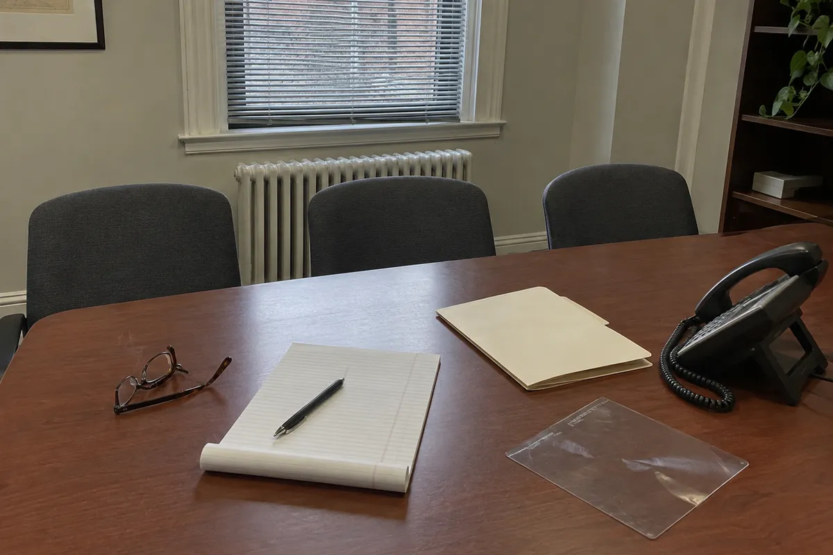 A small law office conference table in flat window daylight, with three empty upholstered chairs pulled close along the far side, folded reading glasses, a blank legal pad with a pen, a closed manila folder, a corded desk phone and a clear plastic magnifying sheet. No people are in the frame.