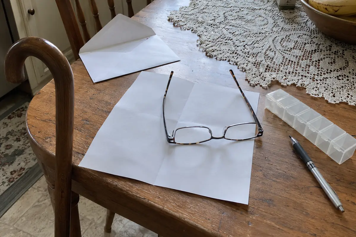 A wooden kitchen table in flat daylight: an opened blank white envelope, a folded blank sheet of paper with reading glasses resting on it, a pen, a clear plastic pill organizer, a lace table runner, and a wooden cane leaning against the table edge. No people are in the frame.