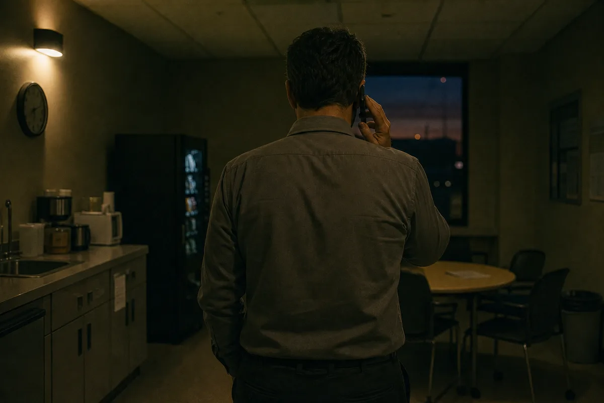 Un hombre visto de espaldas en la sala de descanso de un trabajo al atardecer, con el teléfono al oído y los hombros tensos, iluminado por una sola luz cálida.