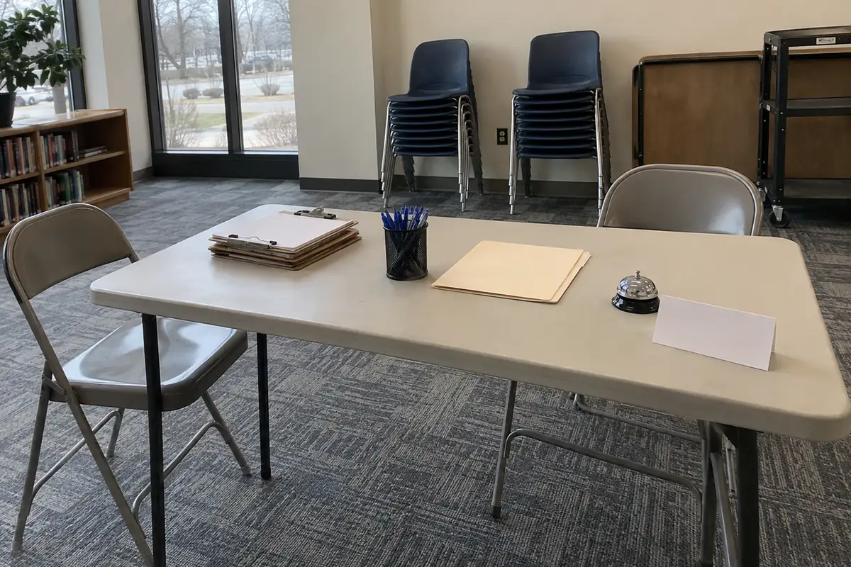 A plain folding table set up in a library community room in flat overcast daylight, with two empty metal folding chairs facing each other across it, a short stack of blank clipboards, a mesh cup of blue pens, a closed manila folder, a desk bell and a blank tented card. No people are in the frame.