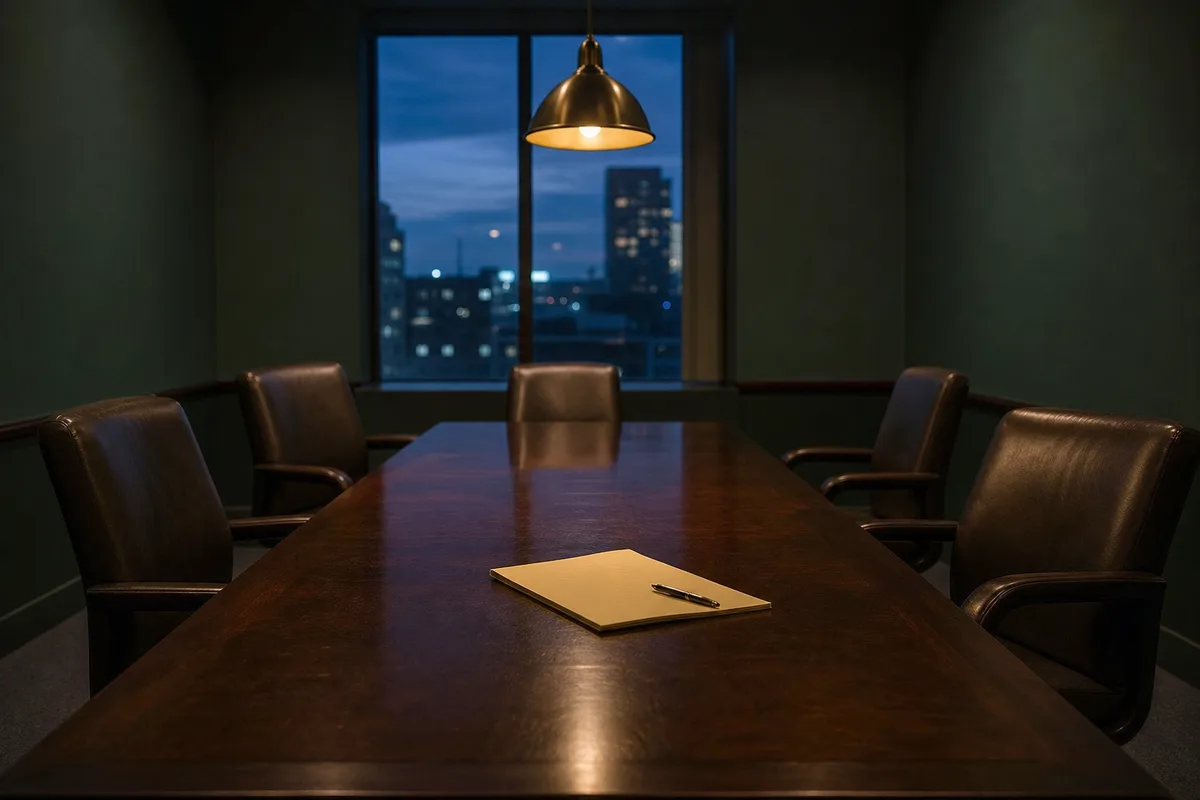 Una sala de reuniones vacía al atardecer: sillas apartadas de una mesa larga bajo una lámpara colgante cálida, con un bloc de notas olvidado.