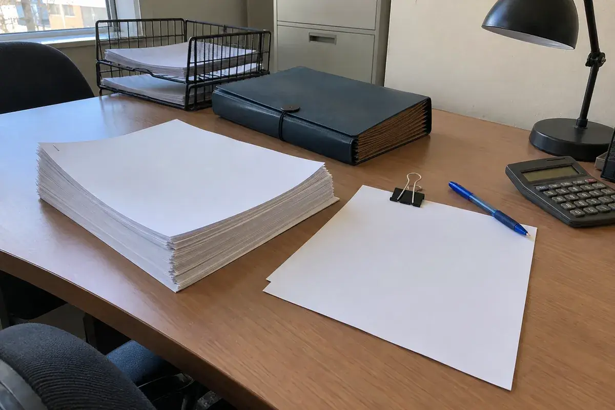 An office desk in flat window daylight, with a thick stack of blank white paper beside two loose blank sheets held by a black binder clip, a blue pen, a calculator, a closed dark accordion file, a wire paper tray, a black desk lamp and two empty office chairs. No people are in the frame.
