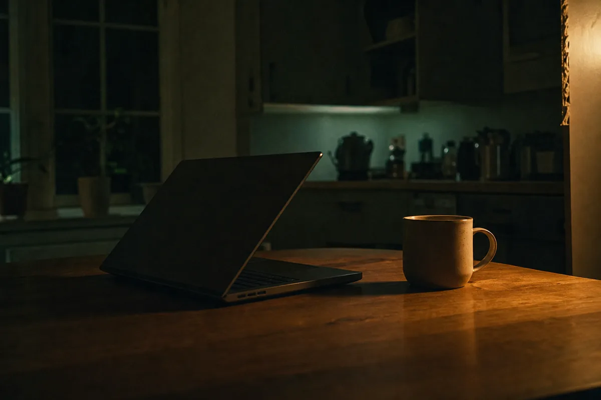 Una laptop medio cerrada sobre una mesa de cocina de noche, con el brillo de la pantalla apagándose, y una taza al lado.