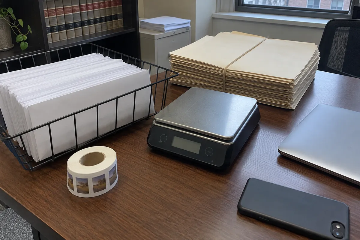 A law office mail table in flat window daylight: a wire tray full of plain white envelopes, a roll of postage stamps, a small postal scale, a rubber-banded stack of manila folders, a closed silver laptop and a face-down phone. Law books line a shelf behind. No people are in the frame.