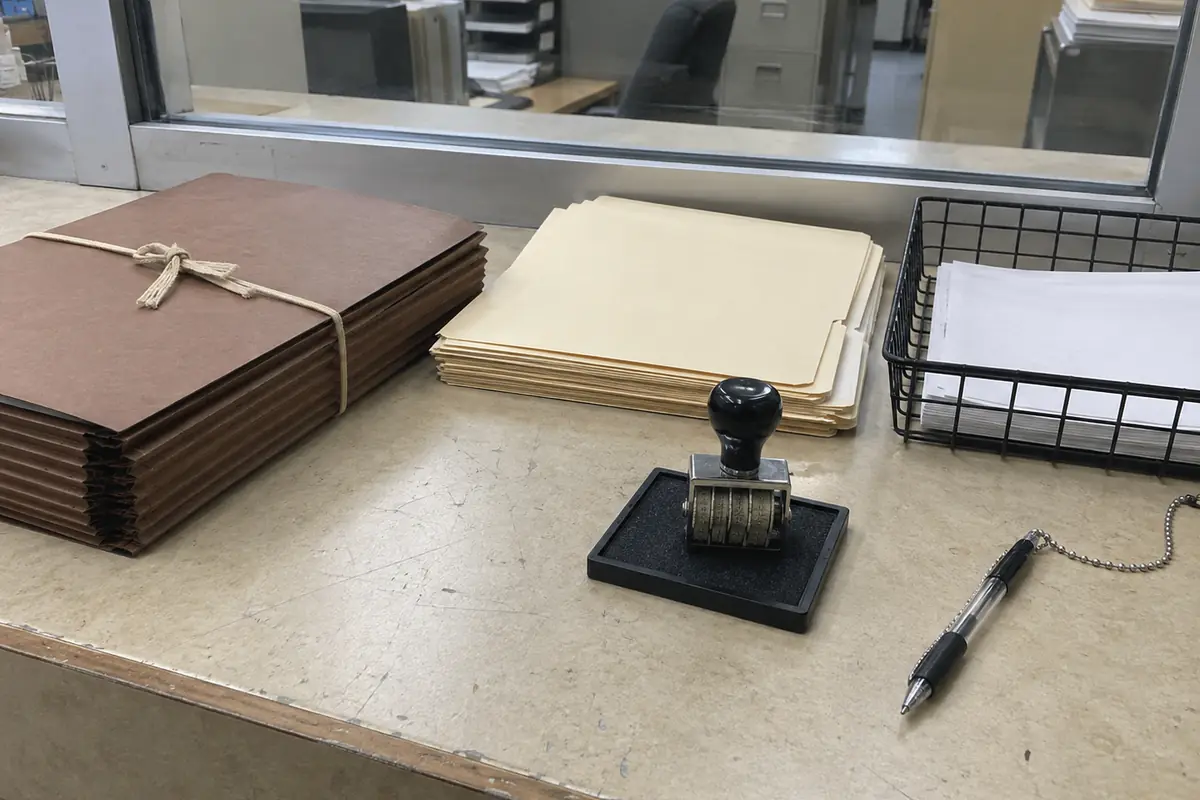 A worn laminate courthouse records counter in flat overcast daylight: a stack of closed brown accordion folders tied shut with a cloth string, a squared-off stack of closed plain manila folders, a black wire tray of blank sheets face down, a rubber date stamp resting on a dark ink pad, and a ballpoint pen on a beaded chain, with the lower edge of a scratched glass partition behind. No people are in the frame.