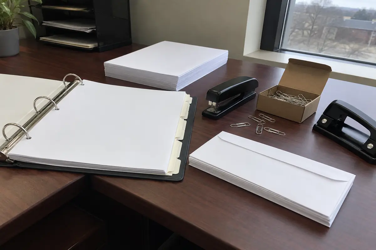 The supply corner of a dark wood office desk in flat daylight from a window: an open three-ring binder lying flat on completely blank white pages behind plain unlabelled tab dividers, a squared stack of fresh blank printer paper behind it, a black stapler, an open cardboard box of paper clips with a few spilled on the desk, a hole punch, and a stack of plain white unaddressed envelopes. No people are in the frame.