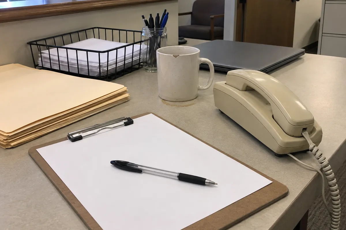 The corner of a small law office reception counter in flat overcast daylight: a brown clipboard holding a completely blank white sheet with a ballpoint pen resting across it, a stack of closed empty manila folders to the left, a black wire paper tray of blank sheets, a glass jar of pens, a chipped white mug on a faint ring stain, a closed grey laptop pushed to the back and a beige corded desk phone with its handset in the cradle and the coiled cord trailing off the counter. No people are in the frame.