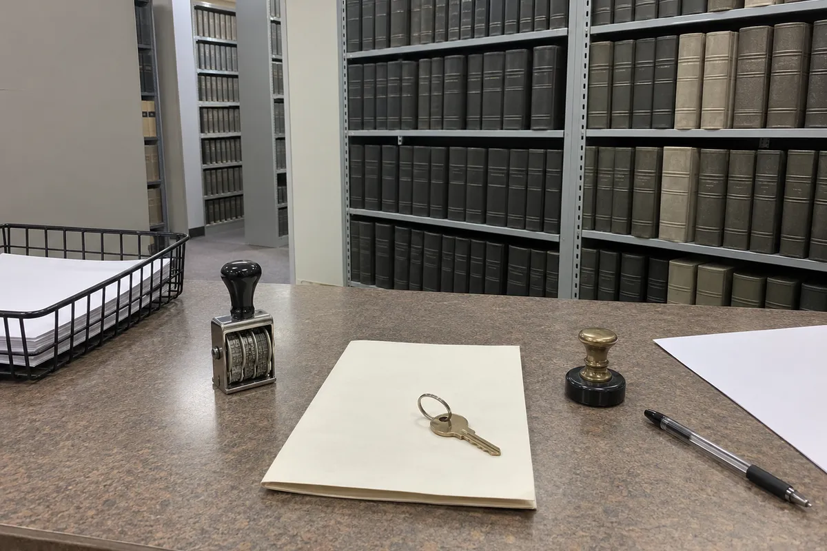 A land records office counter in flat daylight: a folded blank deed with a house key resting on it, a brass notary seal press, a metal date stamp, a pen, a blank sheet and a wire tray of blank paper, with tall gray shelves of identical bound record books behind. No people are in the frame.