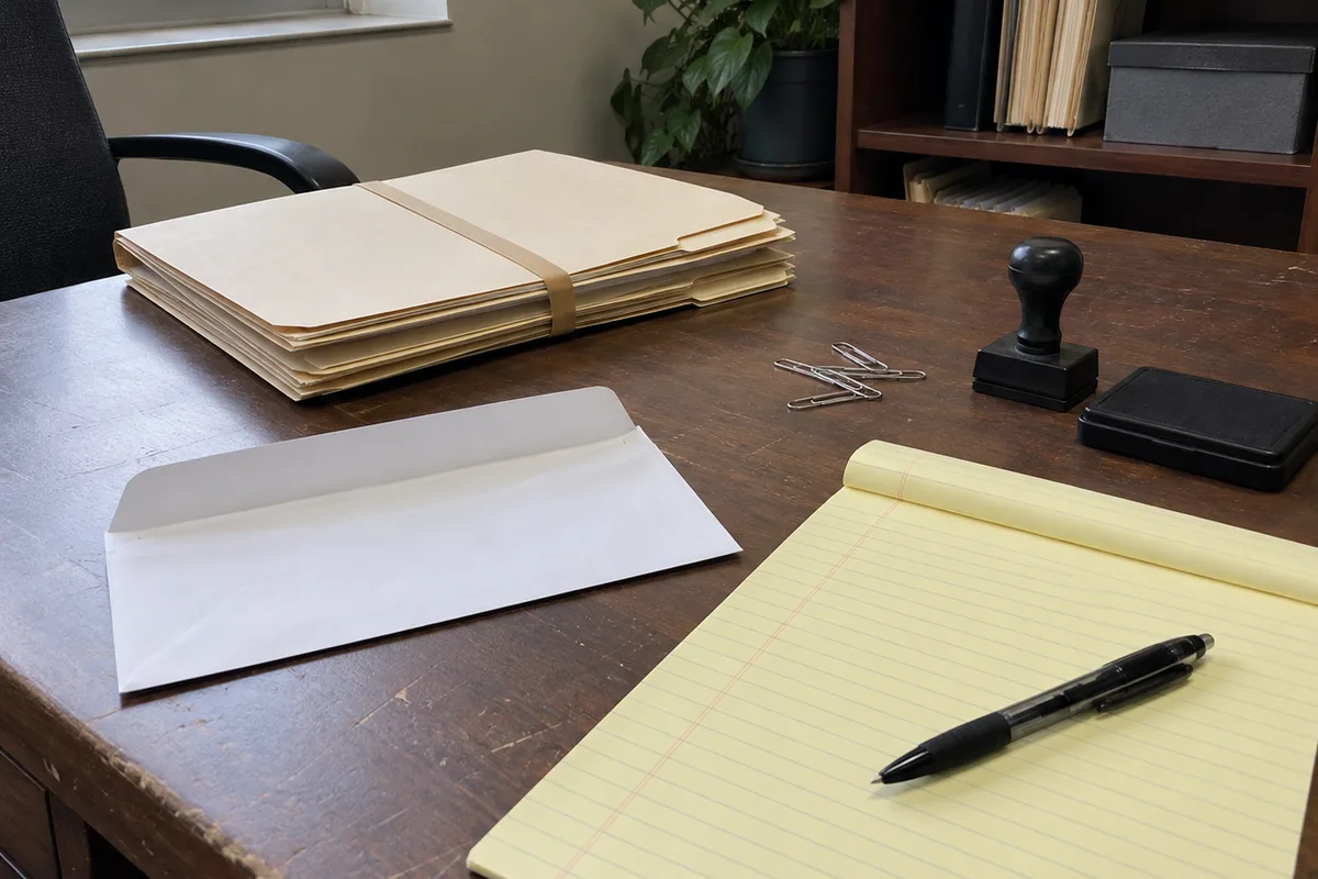 The corner of a scuffed dark wood desk in a small office under flat daylight from a window: a squared stack of closed manila folders bound with a wide rubber band, a plain white unmarked envelope lying flap-open and blank, a black ballpoint pen resting on a completely blank yellow legal pad, an upright rubber stamp beside a closed dark stamp pad, and a few loose paper clips, with a wooden shelf of closed files behind. No people are in the frame.