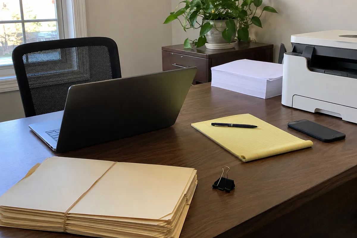 A law office worktable in flat daylight: a laptop angled away so its screen cannot be seen, a rubber-banded stack of blank manila folders, a black binder clip, a blank yellow legal pad with a pen, a phone lying face down, and a printer with a stack of blank paper. No people are in the frame.