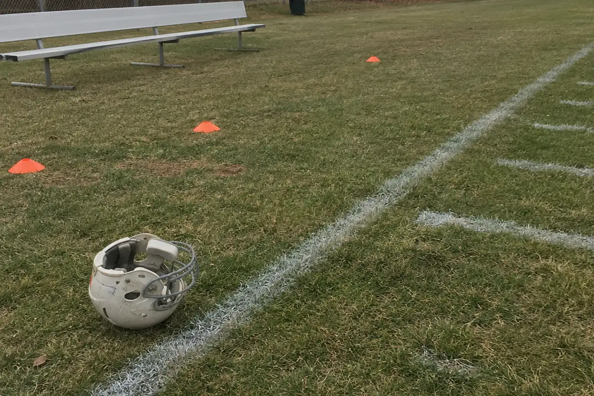 An empty football practice field on an overcast day: a scuffed white helmet with no markings lies on its side on the grass beside a painted sideline, with a few orange cones and an empty metal bench behind. No people are in the frame.