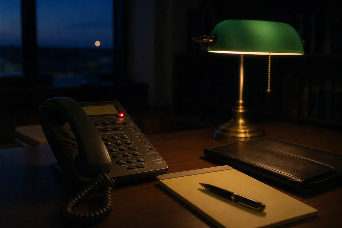 Un escritorio de despacho al atardecer: un teléfono con la luz de mensajes encendida, junto a un portafolio cerrado y un bloc amarillo bajo una lámpara de banquero.