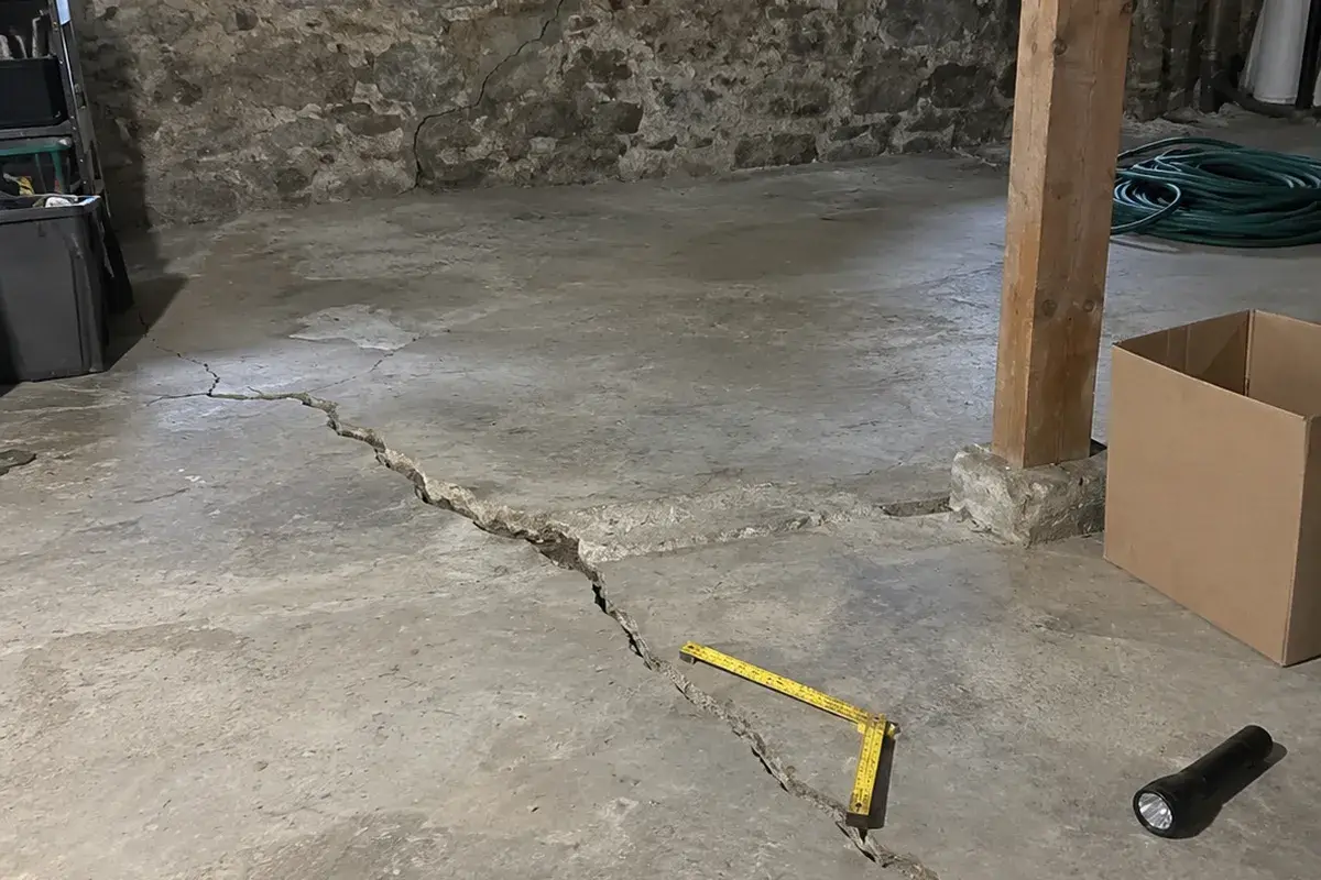 An old house's basement in flat daylight: a long jagged crack runs across the concrete floor past a wooden support post on a stone footing, with a yellow folding ruler laid open beside the crack, a flashlight, a cardboard box, a coiled garden hose and a cracked fieldstone foundation wall behind. No people are in the frame.