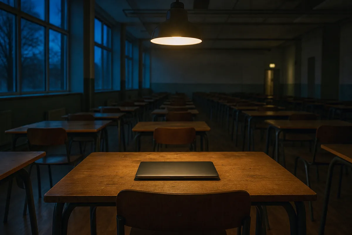 Una amplia sala de examen al atardecer, con largas filas de pupitres vacíos y una sola laptop cerrada bajo una luz cálida.