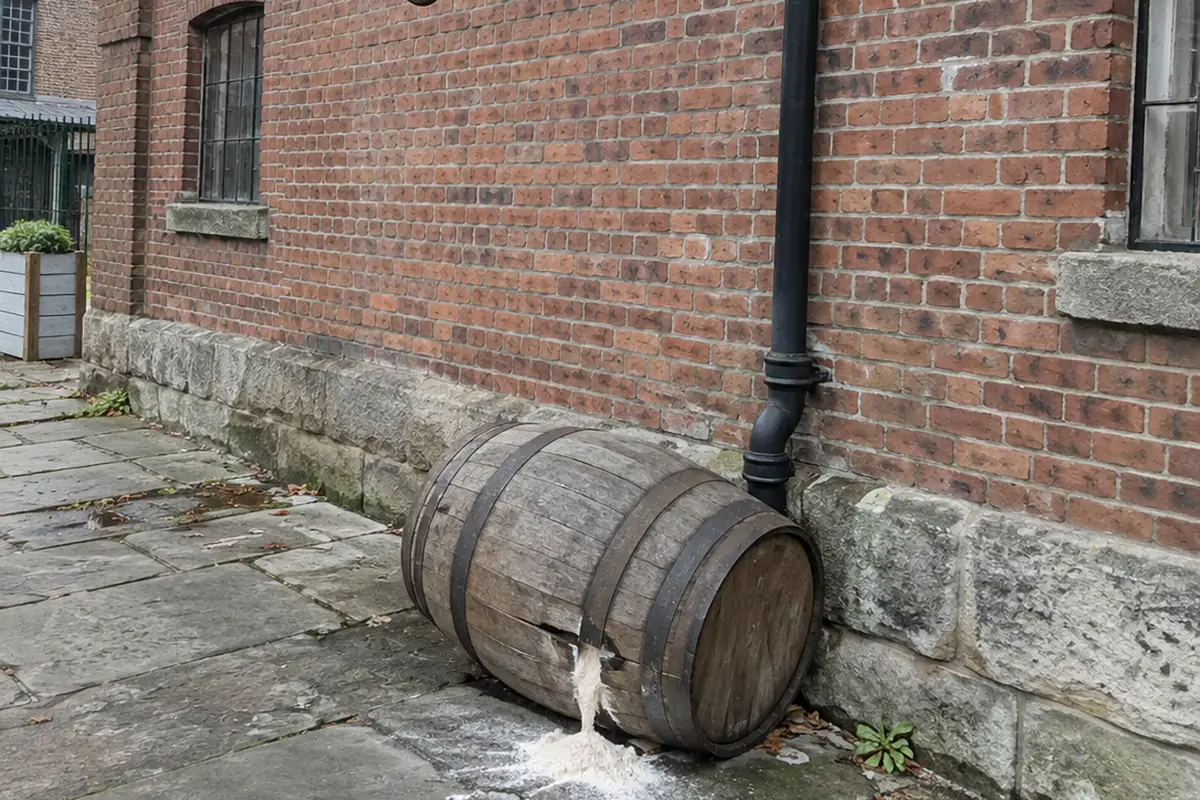 A split wooden barrel lies on its side on a stone sidewalk at the foot of an old brick warehouse wall, white flour spilling from a cracked stave onto the paving beside a drainpipe. No people are in the frame.