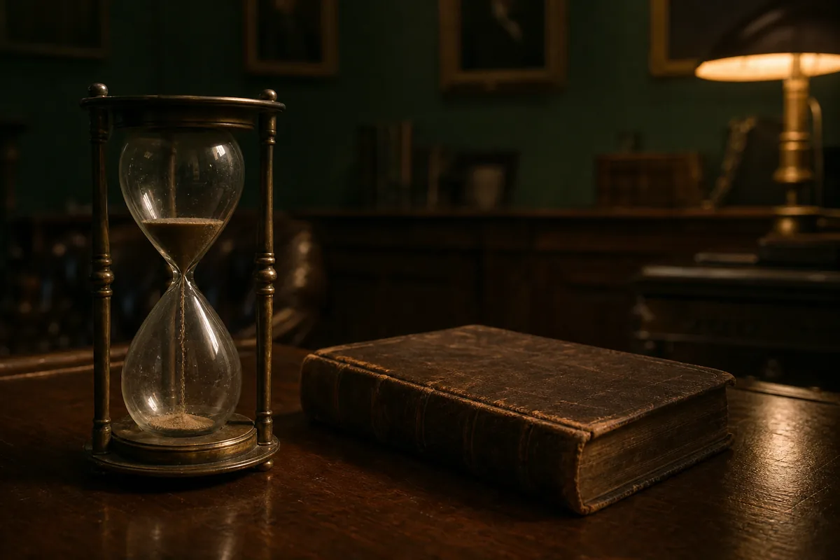 Un reloj de arena antiguo con la arena casi agotada, junto a un tomo jurídico encuadernado en cuero y cerrado sobre un escritorio oscuro de madera, iluminado por una sola lámpara de luz ámbar cálida entre sombras verdes.