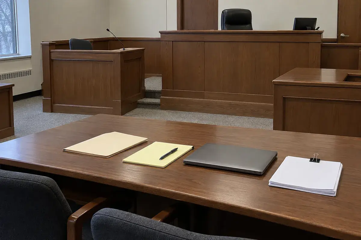 An empty small courtroom in flat daylight from a side window, seen from behind the counsel table: two empty upholstered chairs, a closed manila folder, a blank yellow legal pad with a pen, a closed laptop and a short stack of blank paper held by a binder clip, with an empty witness stand and an empty judge's bench behind. No people are in the frame.