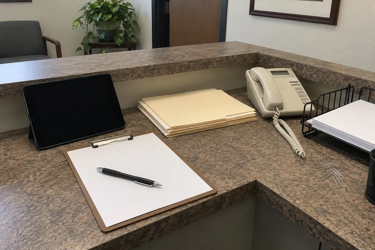 The corner of a small law office reception counter in flat overcast daylight: a black tablet in a folding stand with its screen off and dark, a brown clipboard holding one completely blank white sheet with a black pen lying across it, a short stack of closed unlabeled manila folders, a beige corded desk phone with the handset in the cradle and its coiled cord trailing, a black wire tray of blank sheets, and a few loose paper clips. No people are in the frame.
