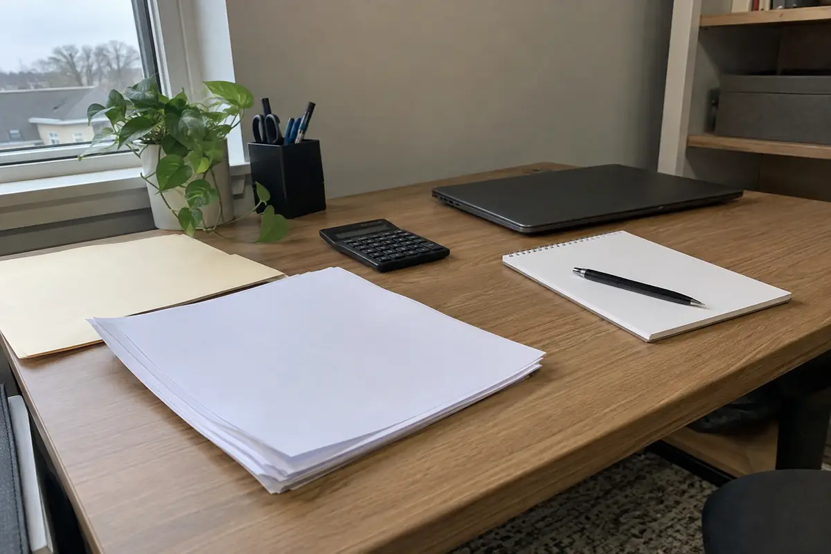 The corner of a light wood office desk in flat overcast daylight from a window: a small black pocket calculator, a thick stack of loose blank printed sheets, an open empty manila folder, a black pen resting on a blank spiral notepad, a pen cup, a potted plant on the windowsill, and a closed laptop turned away from the camera. No people are in the frame.