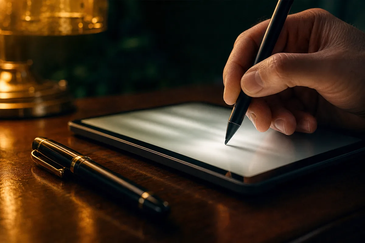Una mano sostiene un lápiz óptico y firma en la pantalla de una tableta que brilla suavemente sobre un escritorio de madera oscura, con una pluma estilográfica con capuchón al lado bajo una lámpara cálida.