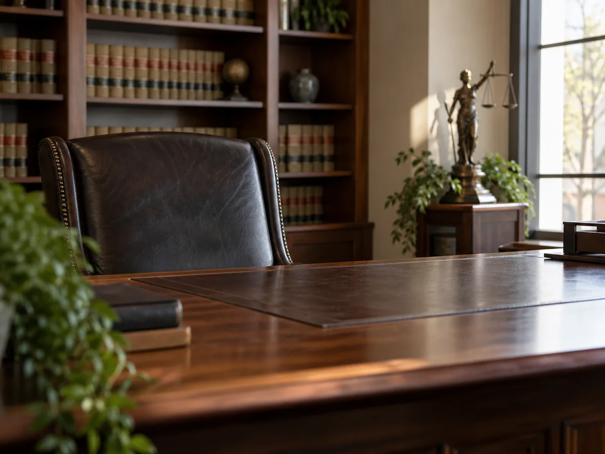An empty law-office desk with a bronze scales-of-justice statue and a bookshelf.