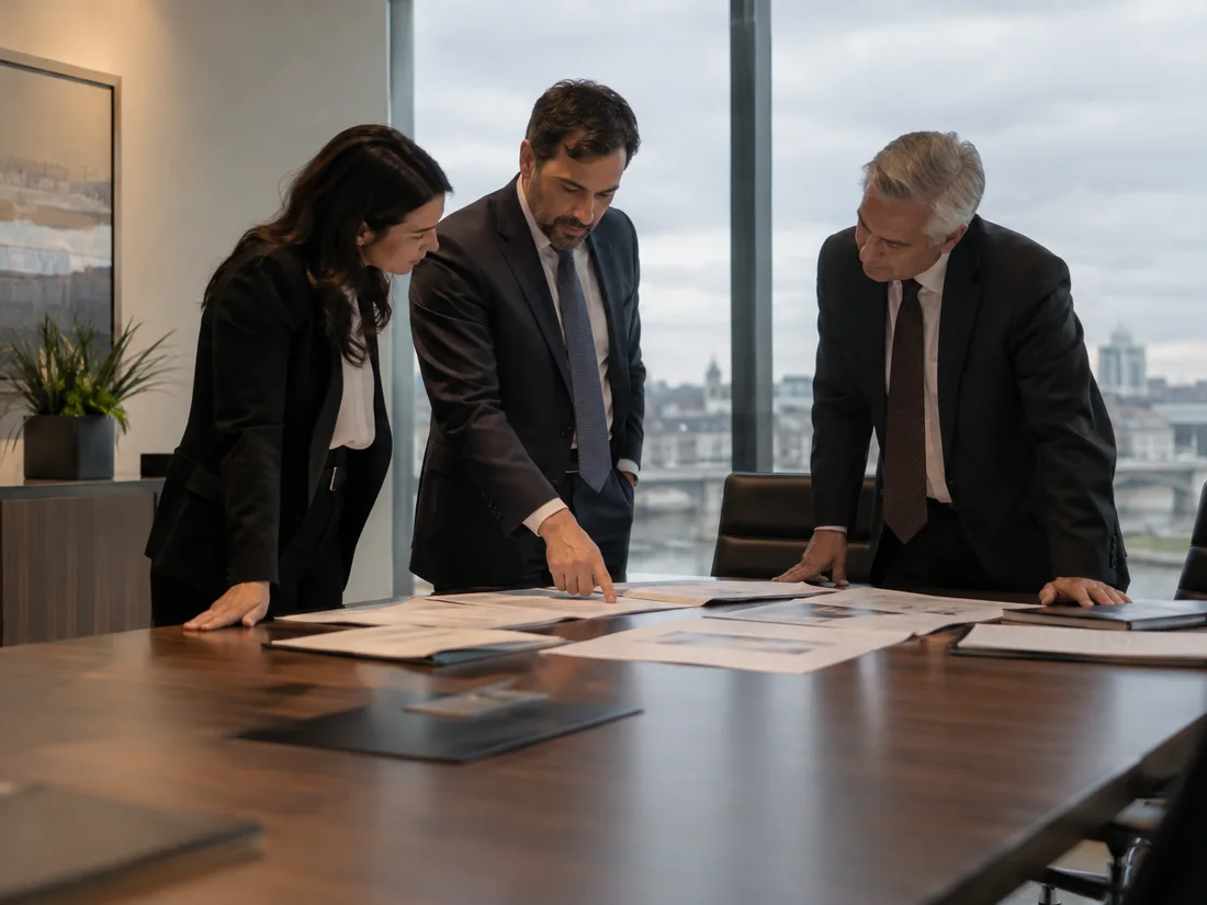Three attorneys reviewing documents together around a table.