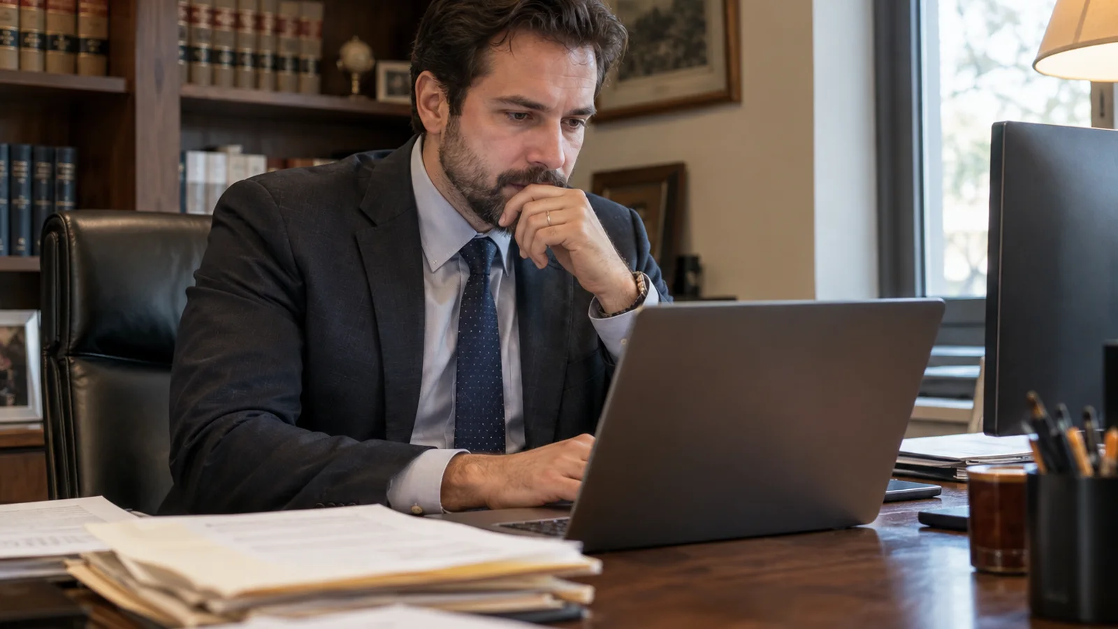 An attorney reviewing case files at his desk with a laptop and a second monitor.