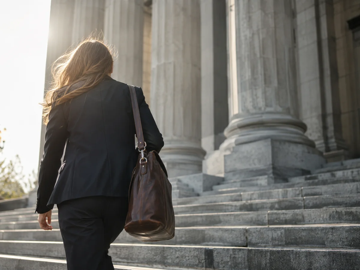 A woman walking up courthouse steps, seen from behind.