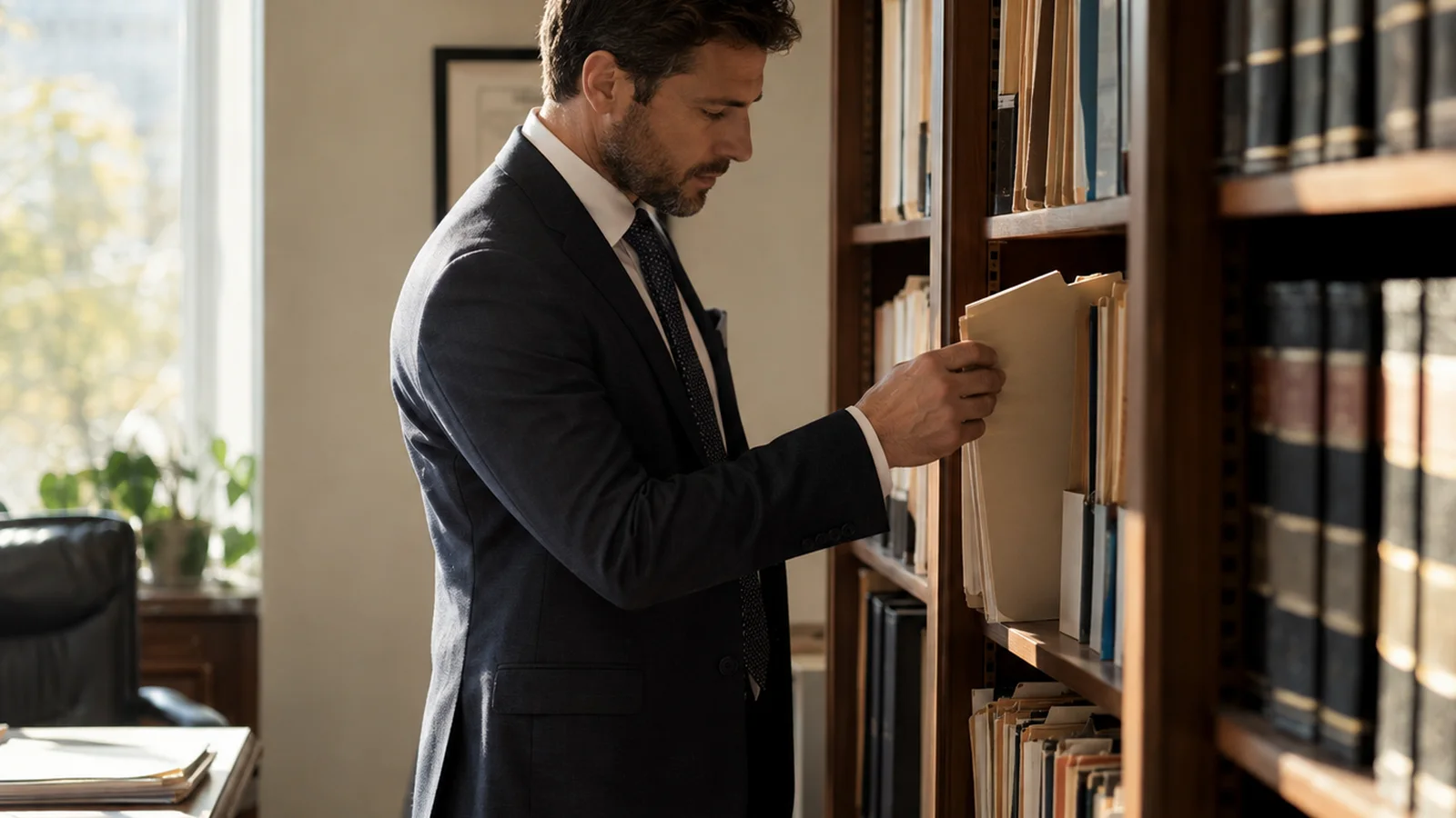 An attorney pulling a case file from a bookshelf in a law office.