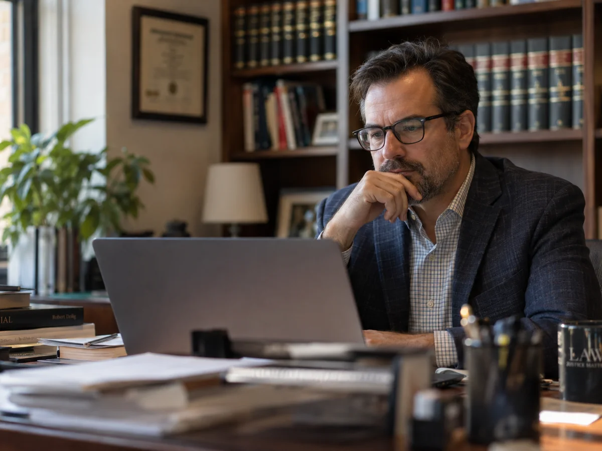 An attorney working at his desk in a law office.