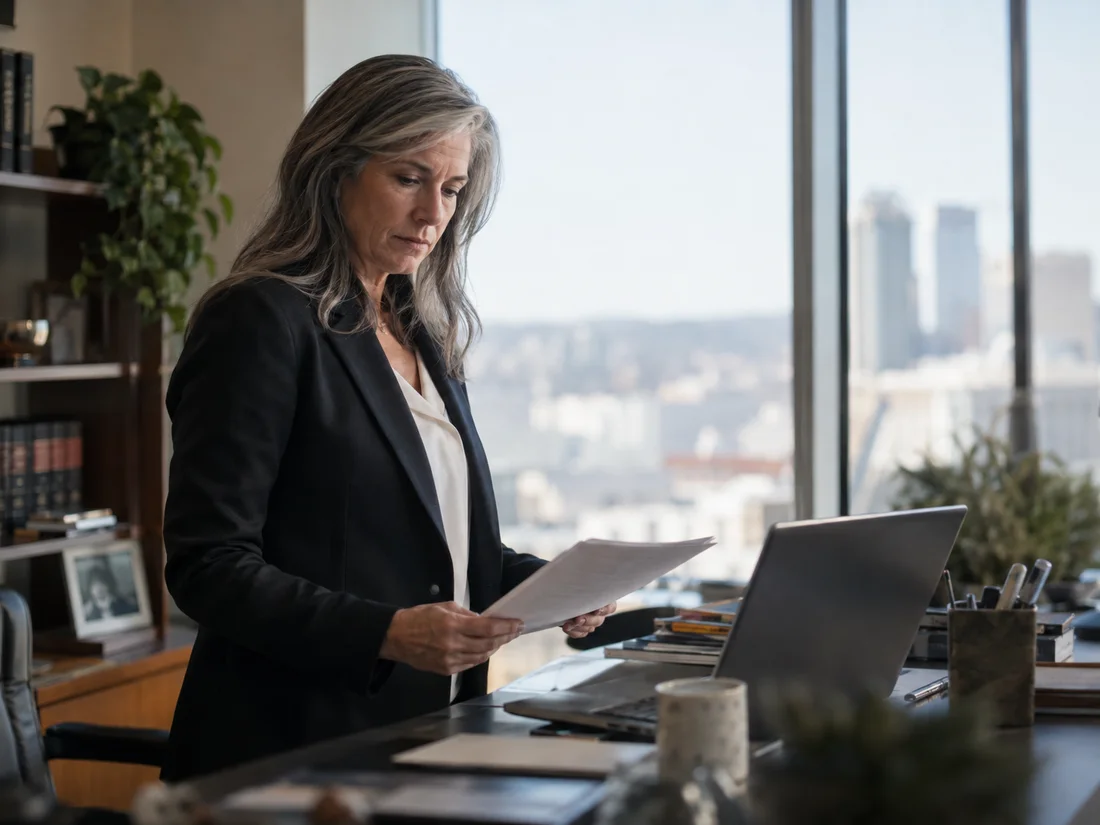 An attorney working at her desk in a law office.