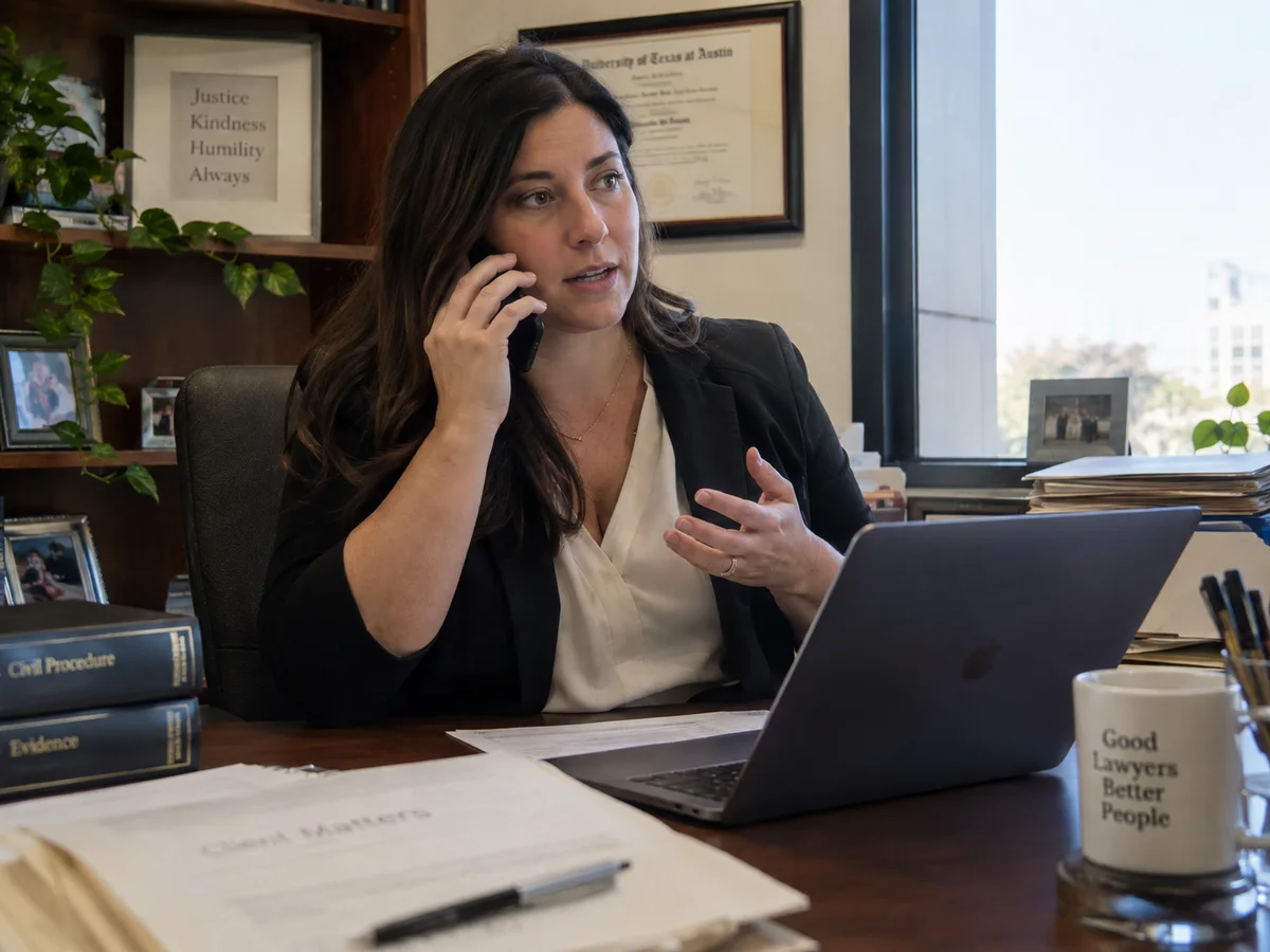 A woman answering a phone call at her desk in a law office.