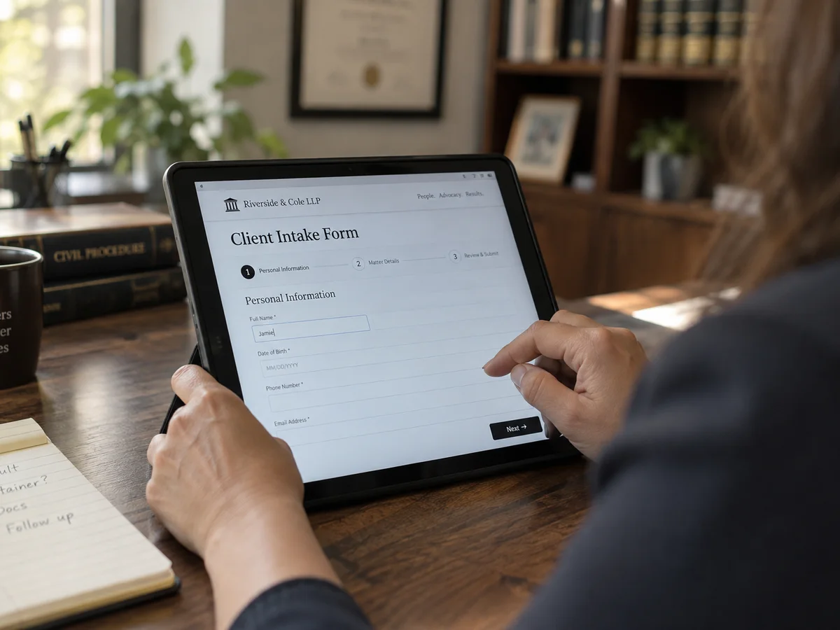 Hands filling out a digital intake form on a tablet.