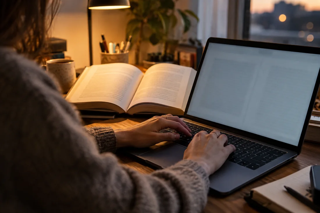 Hands typing on a laptop next to an open law book.