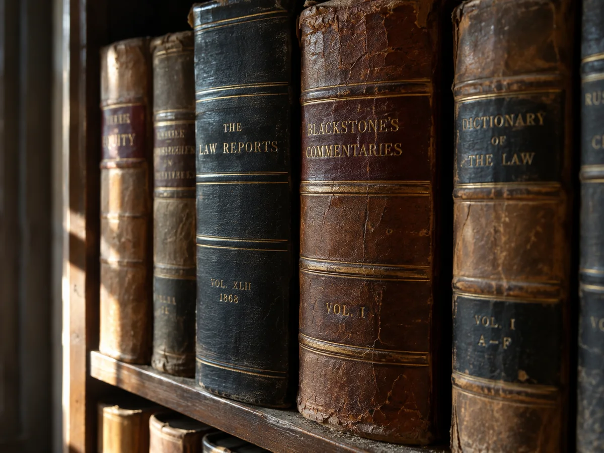A shelf of leather-bound law books.