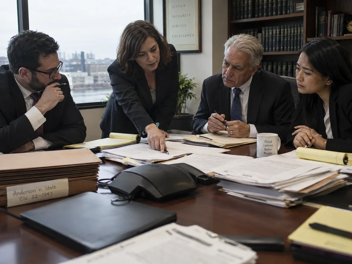 Four people in business attire around a conference table.