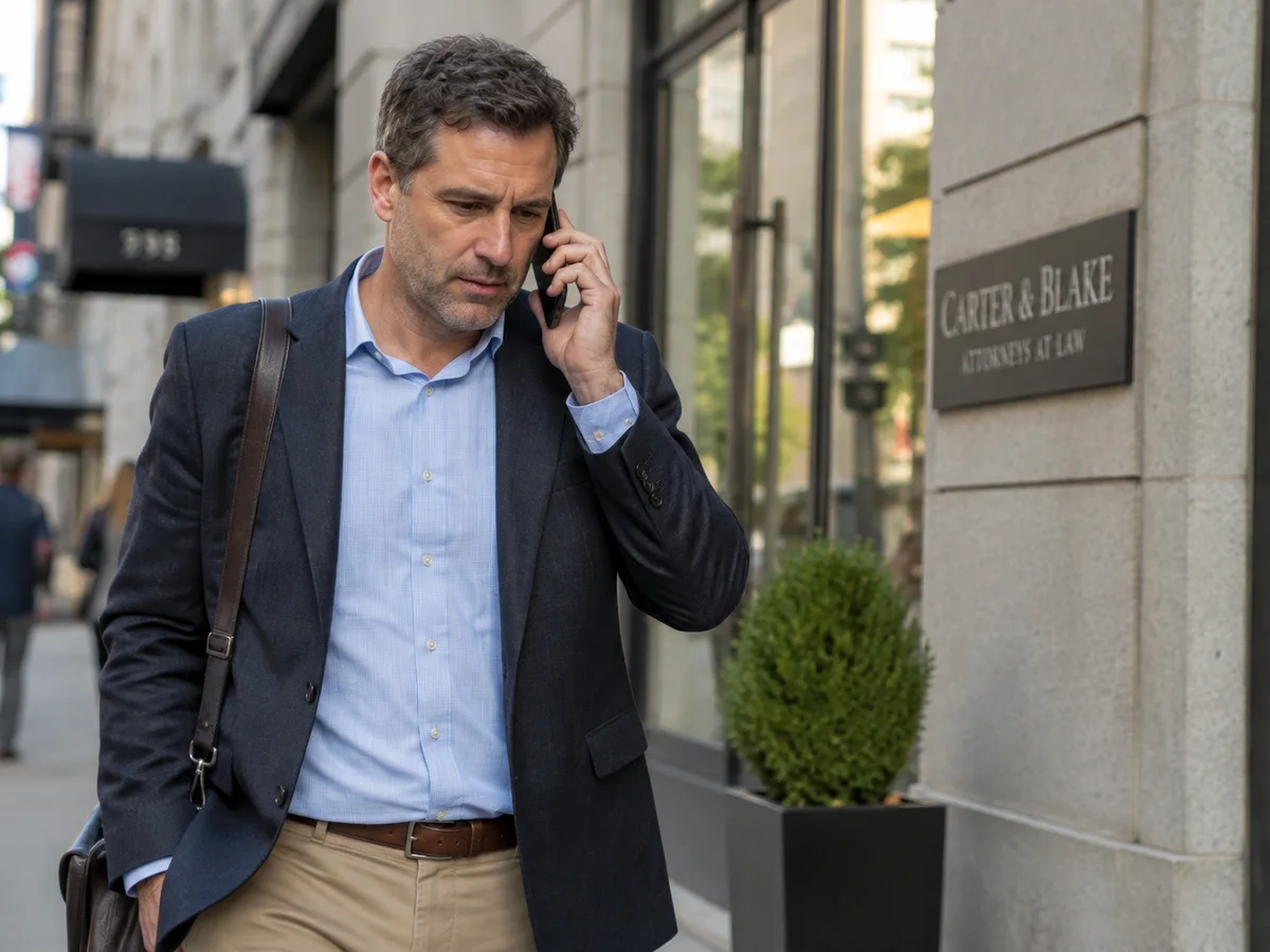 A man on a phone call walking outside a law office building.