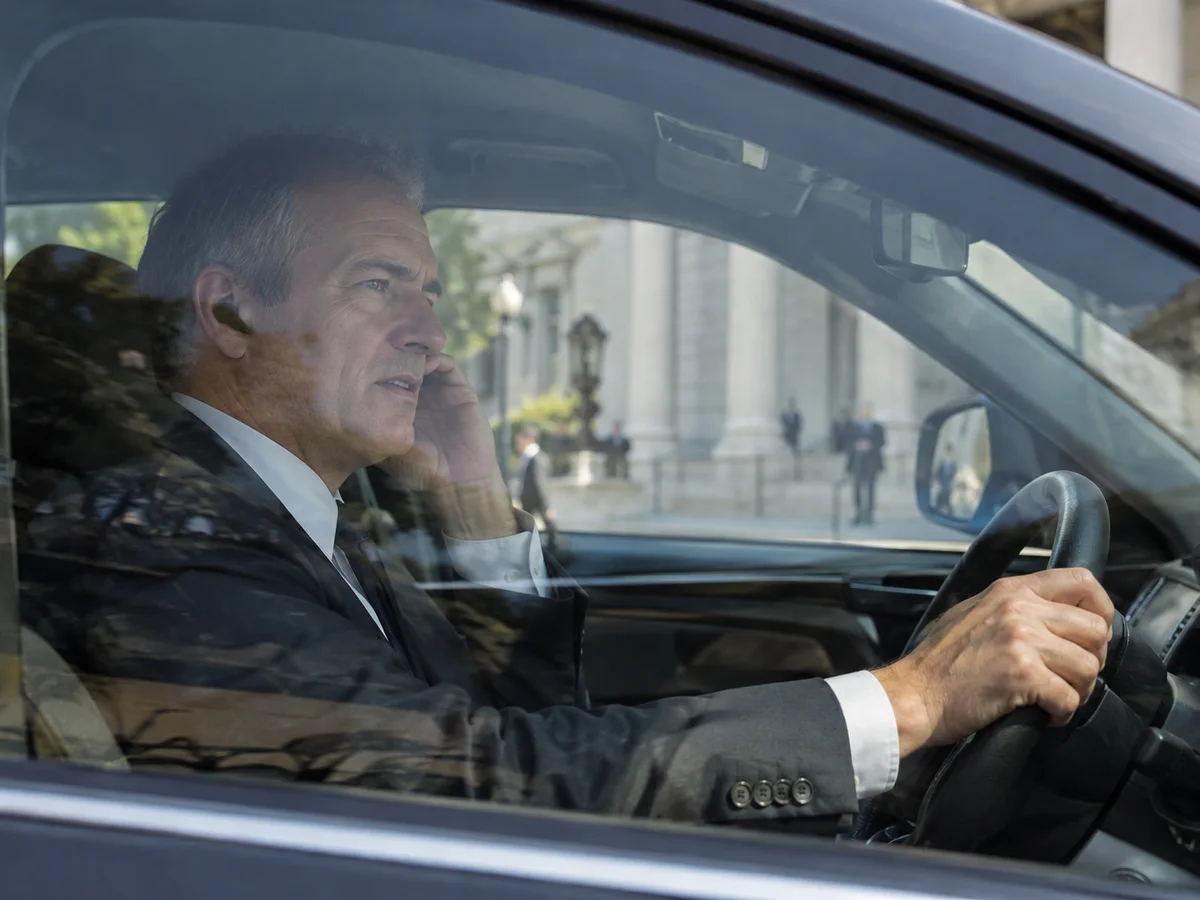 A man on a phone call with a wireless earpiece, seated in a car.