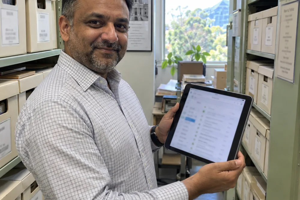 A staff member in the records room holding a tablet that shows a searchable list of case files.