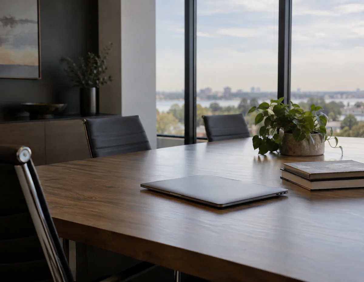 An empty modern conference room with a laptop on the table.