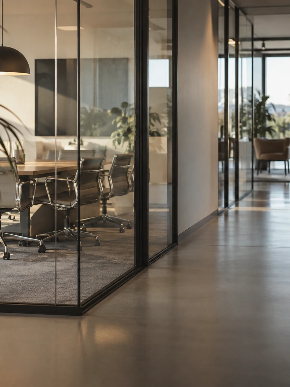 A modern glass-walled office corridor.